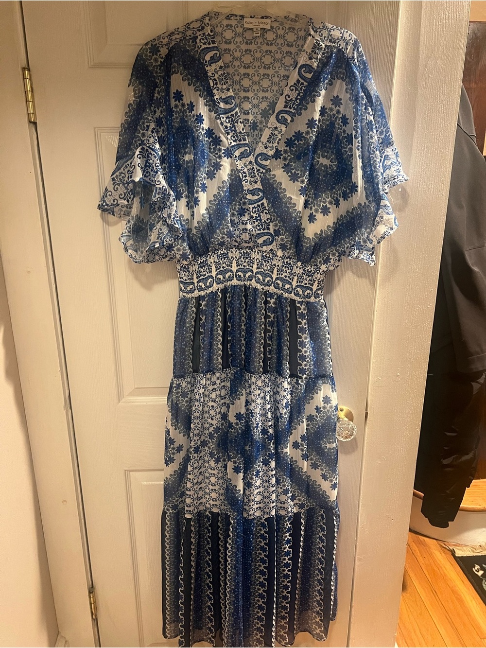 Blue & White Printed Midi Dress with Flutter Sleeves